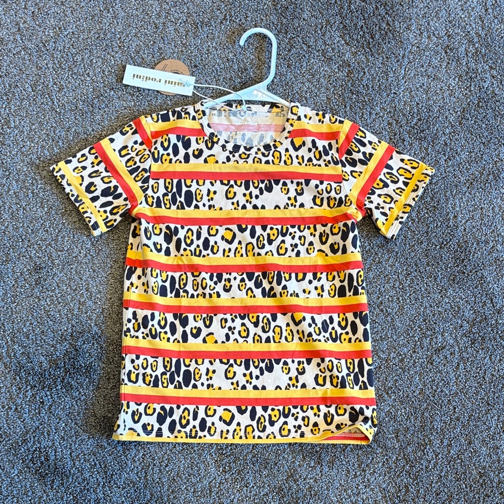 Mini Rodini Leopard Stripe Kids Tee - Yellow and Orange